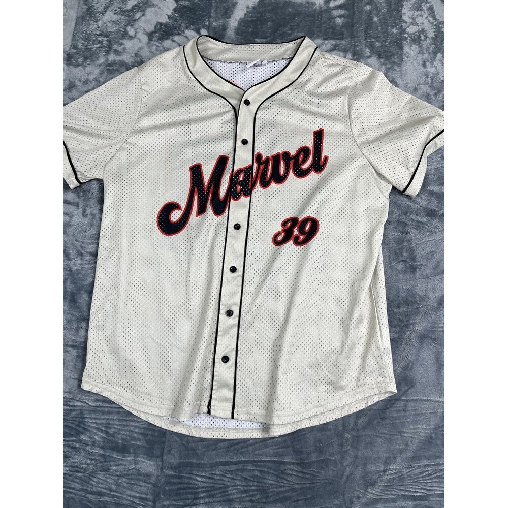 Marvel 3X Baseball Jersey Button-Up Avengers Graphic Back Beige & Red
